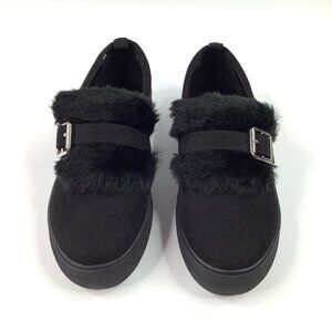 Womens Black Faux Fur Buckle Strap Slip-On Platform Size 9 Skater Gothic Y2K